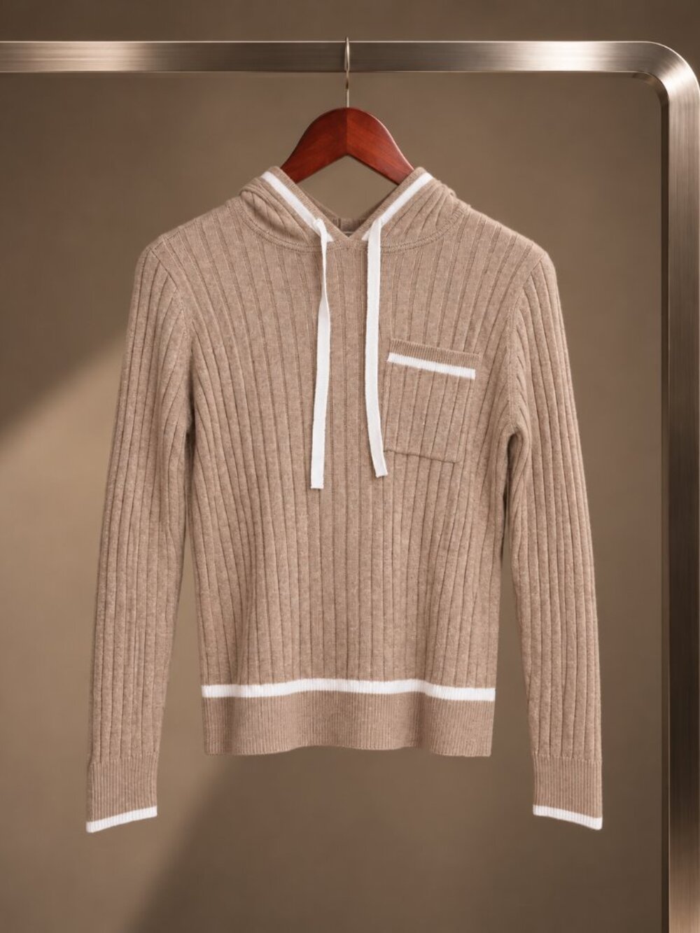 Minnie Rose Cotton Cashmere Ribbed Hoodie Sweater Camel White Tipping XS NWT